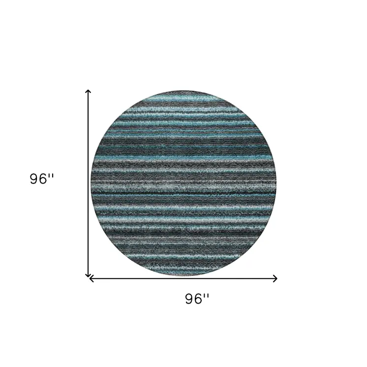 8' Teal Blue Sky Blue And Gray Round Striped Washable Indoor Outdoor Area Rug