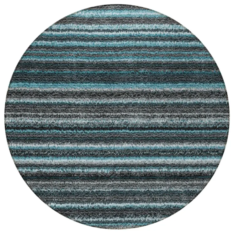 8' Teal Blue Sky Blue And Gray Round Striped Washable Indoor Outdoor Area Rug