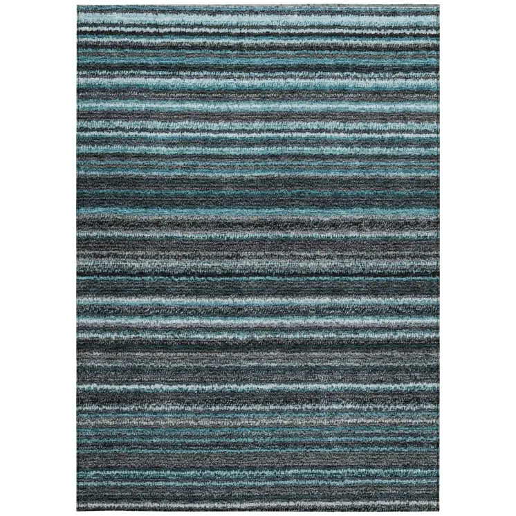 9' X 12' Teal Blue Sky Blue And Gray Striped Washable Indoor Outdoor Area Rug