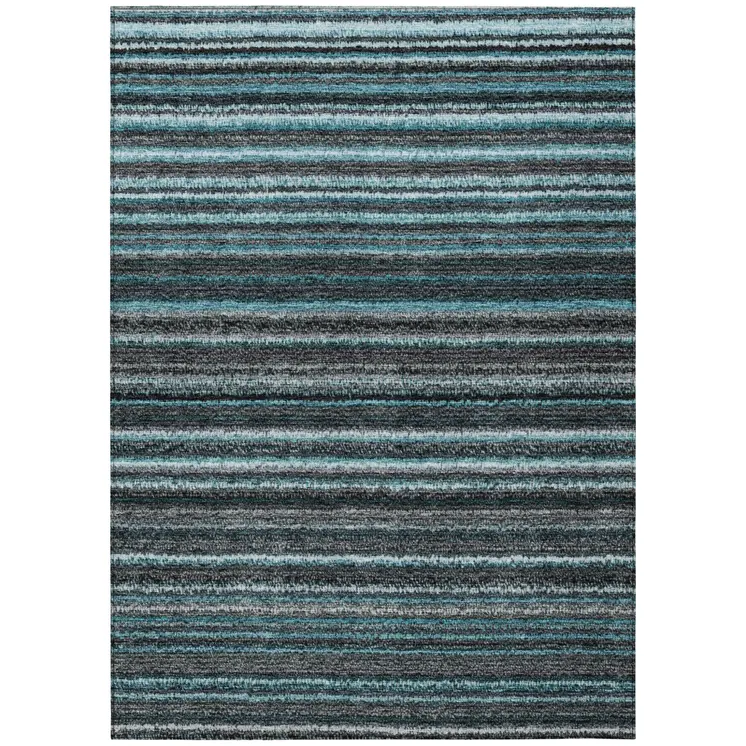 9' X 12' Teal Blue Sky Blue And Gray Striped Washable Indoor Outdoor Area Rug