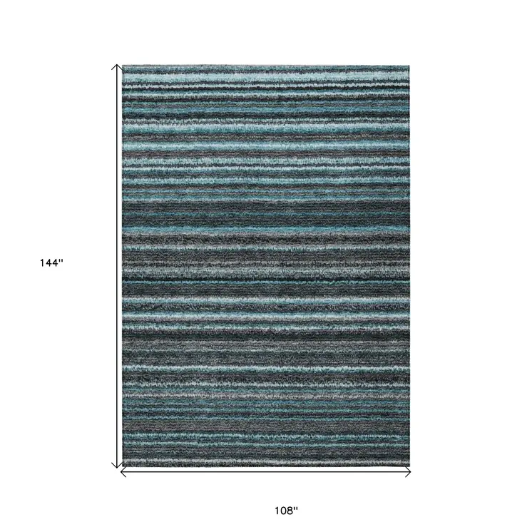 9' X 12' Teal Blue Sky Blue And Gray Striped Washable Indoor Outdoor Area Rug