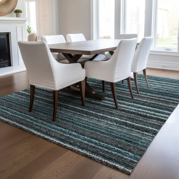 9' X 12' Teal Blue Sky Blue And Gray Striped Washable Indoor Outdoor Area Rug