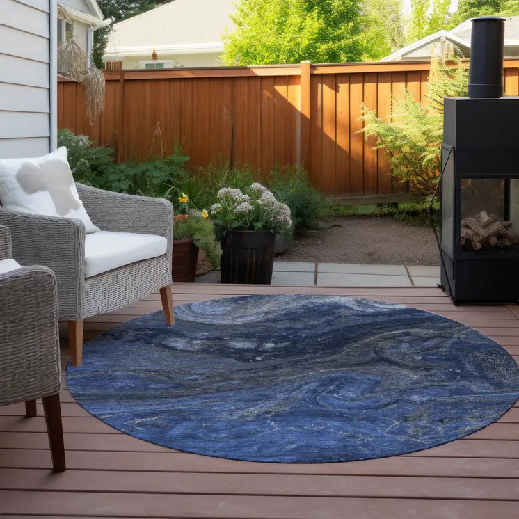 8' Denim Blue And Sky Blue Round Abstract Washable Indoor Outdoor Area Rug