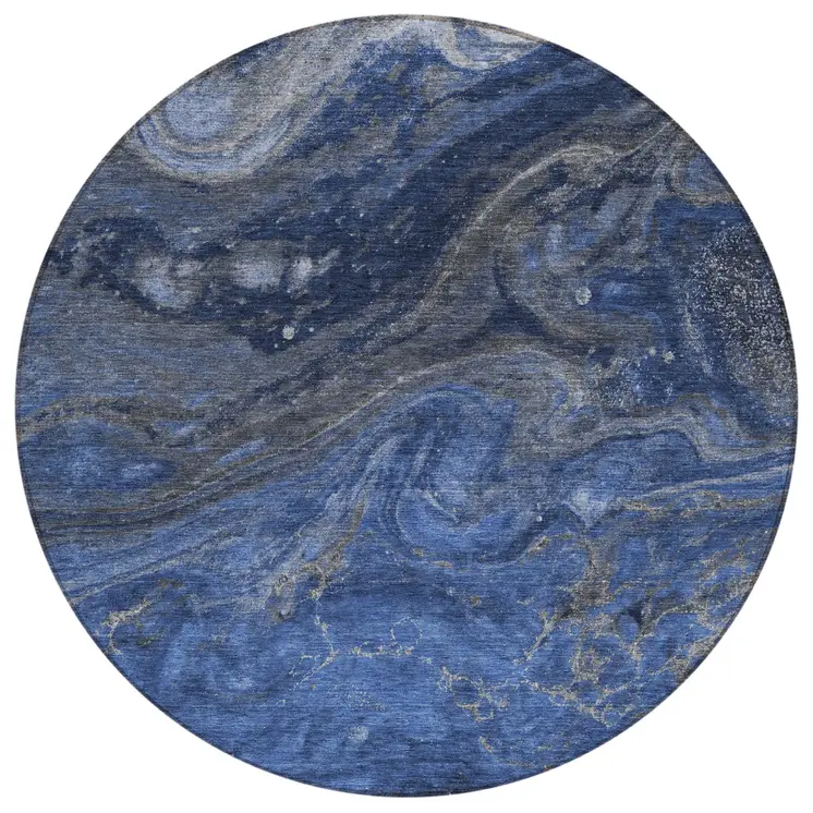 8' Denim Blue And Sky Blue Round Abstract Washable Indoor Outdoor Area Rug
