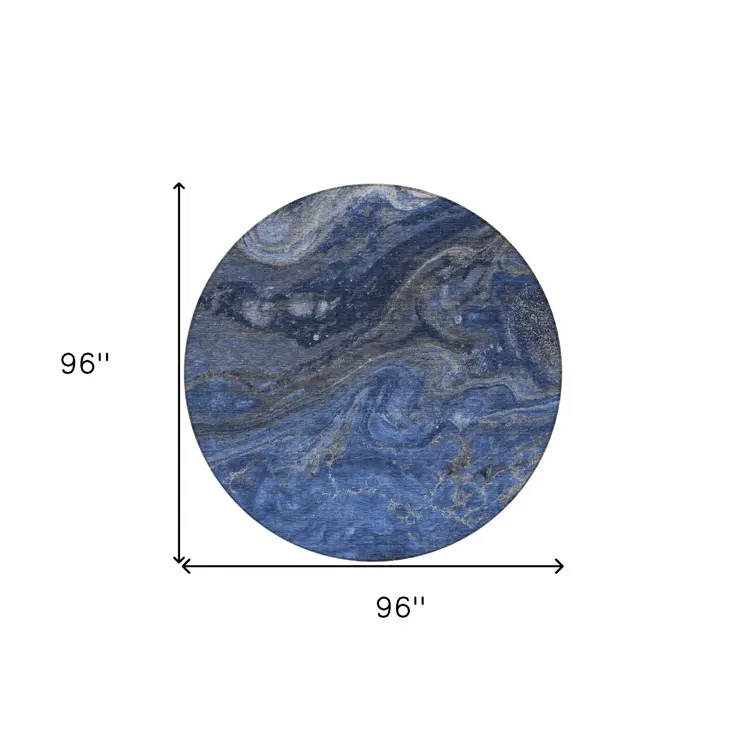 8' Denim Blue And Sky Blue Round Abstract Washable Indoor Outdoor Area Rug