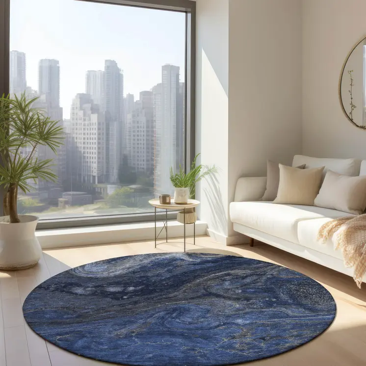 8' Denim Blue And Sky Blue Round Abstract Washable Indoor Outdoor Area Rug