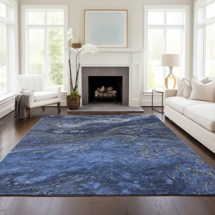 8' X 10' Denim Blue And Sky Blue Abstract Washable Indoor Outdoor Area Rug