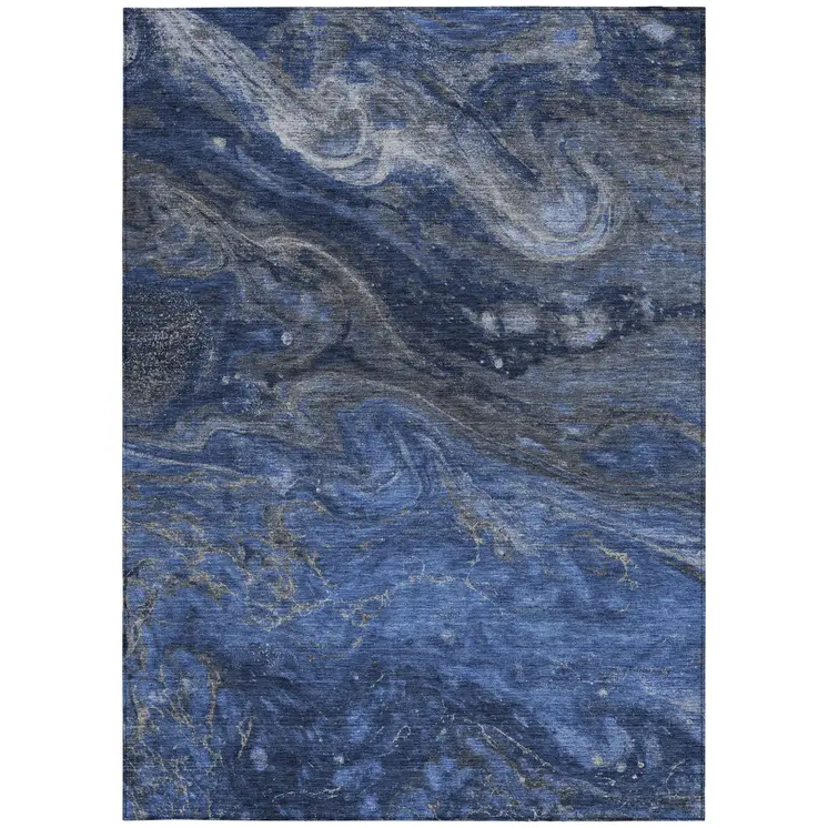 9' X 12' Denim Blue And Sky Blue Abstract Washable Indoor Outdoor Area Rug