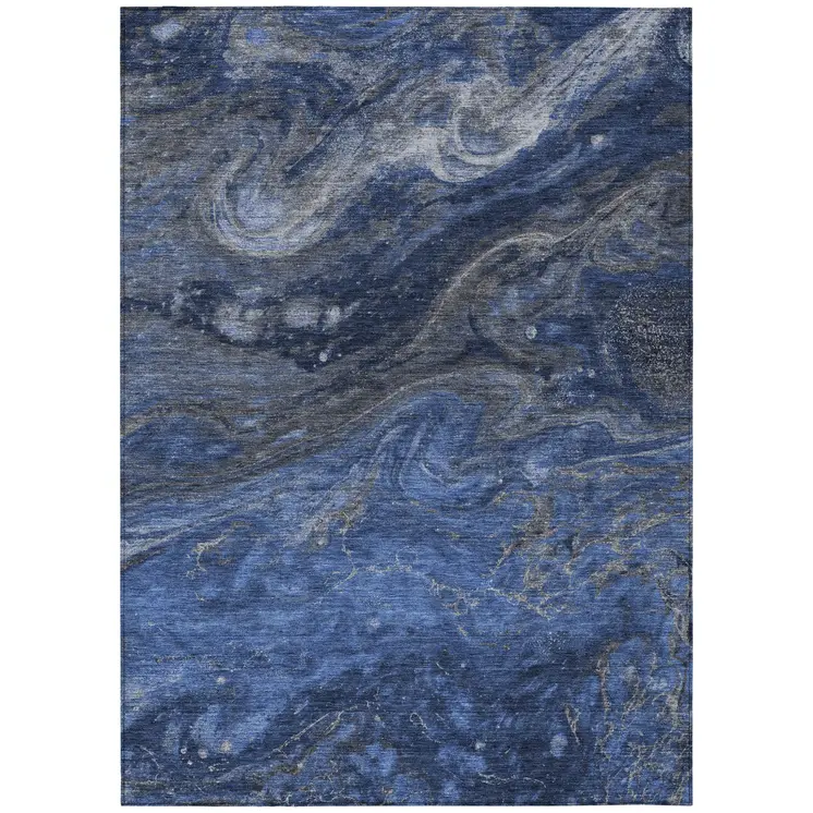9' X 12' Denim Blue And Sky Blue Abstract Washable Indoor Outdoor Area Rug