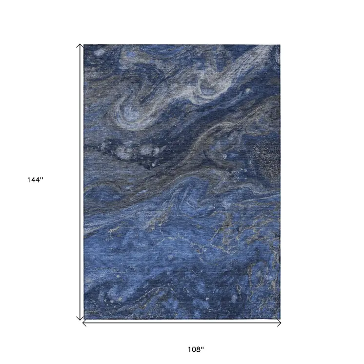 9' X 12' Denim Blue And Sky Blue Abstract Washable Indoor Outdoor Area Rug