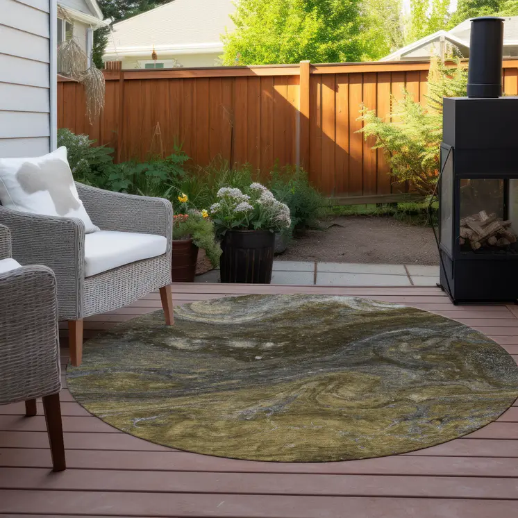 8' Brown Taupe And Chocolate Round Abstract Washable Indoor Outdoor Area Rug