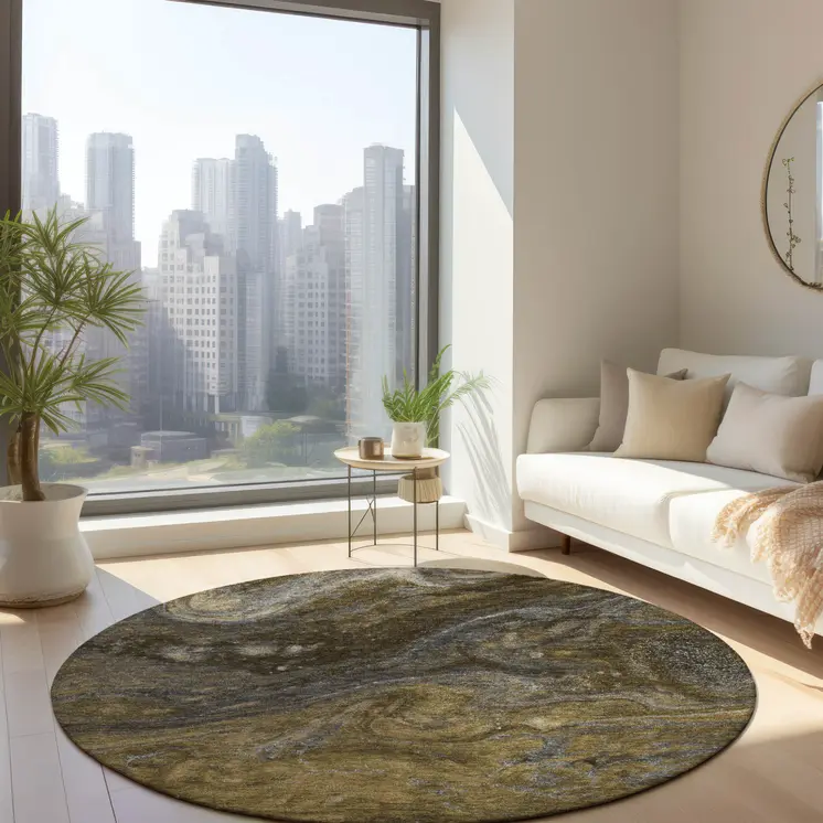 8' Brown Taupe And Chocolate Round Abstract Washable Indoor Outdoor Area Rug
