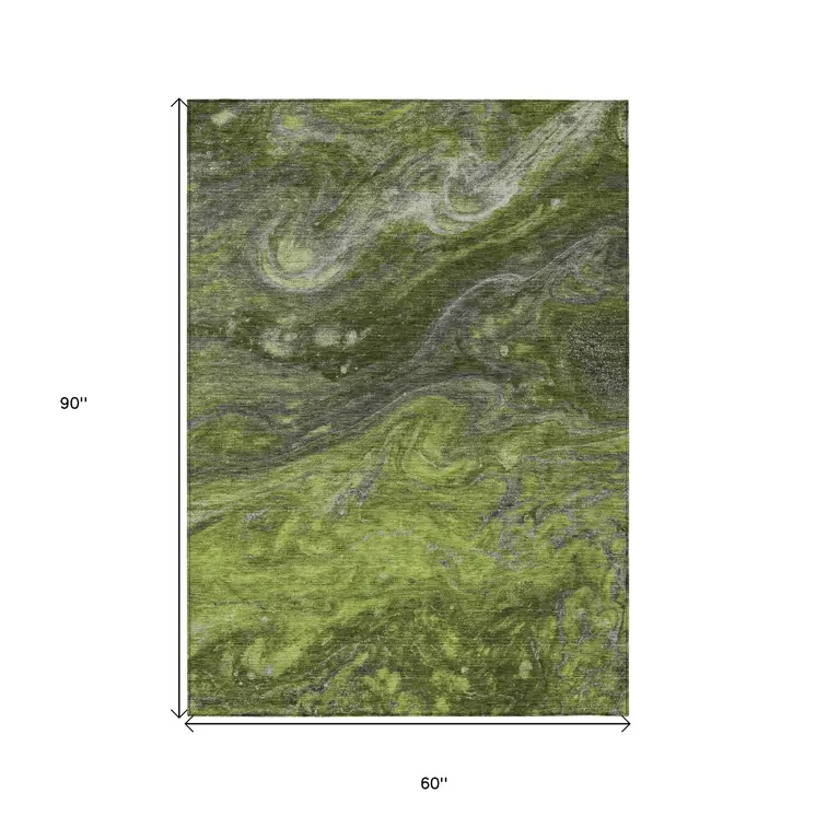 5' X 8' Olive Green And Lime Green Abstract Washable Indoor Outdoor Area Rug