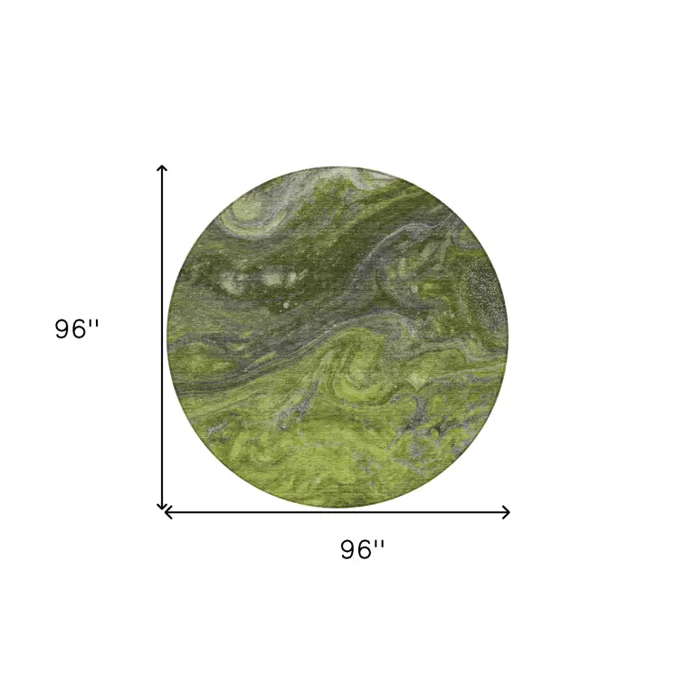 8' Olive Green And Lime Green Round Abstract Washable Indoor Outdoor Area Rug