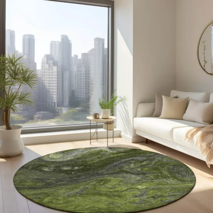 8' Olive Green And Lime Green Round Abstract Washable Indoor Outdoor Area Rug