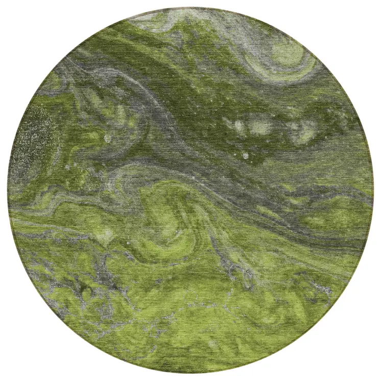 8' Olive Green And Lime Green Round Abstract Washable Indoor Outdoor Area Rug