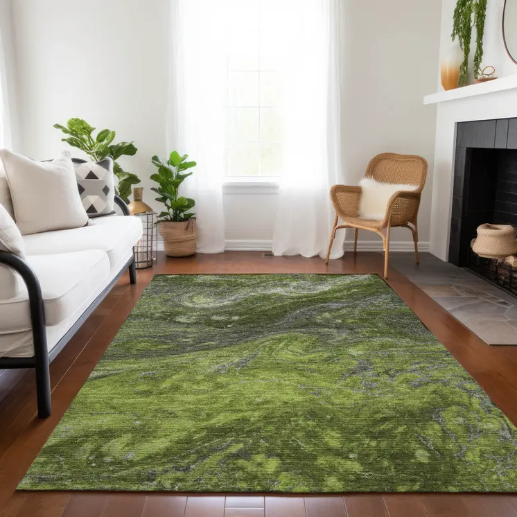 8' X 10' Olive Green And Lime Green Abstract Washable Indoor Outdoor Area Rug