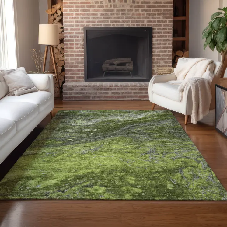 9' X 12' Olive Green And Lime Green Abstract Washable Indoor Outdoor Area Rug
