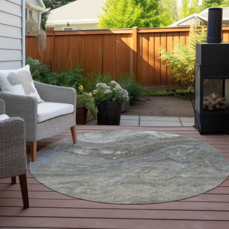 8' Taupe Beige And Ivory Round Abstract Washable Indoor Outdoor Area Rug