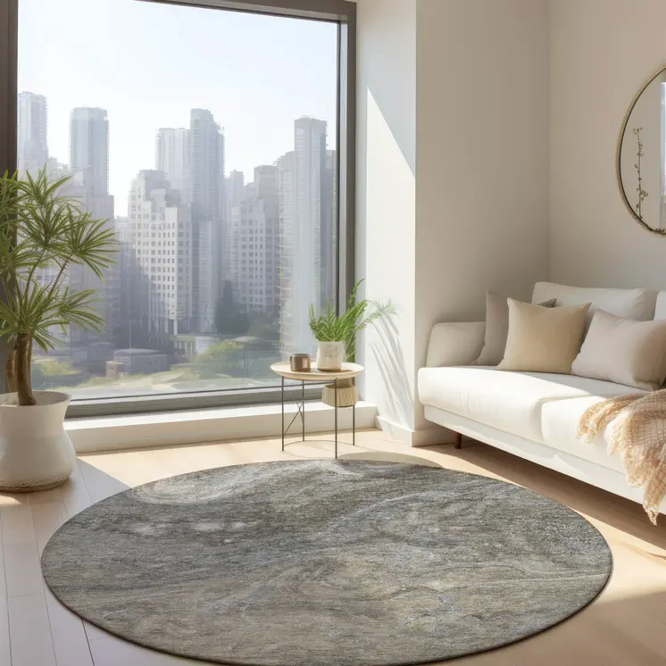 8' Taupe Beige And Ivory Round Abstract Washable Indoor Outdoor Area Rug