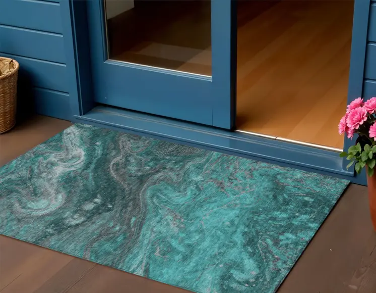 3' X 5' Teal Blue Aqua And Gray Abstract Washable Indoor Outdoor Area Rug