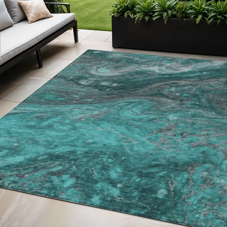 5' X 8' Teal Blue Aqua And Gray Abstract Washable Indoor Outdoor Area Rug