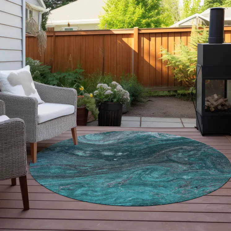 8' Teal Blue Aqua And Gray Round Abstract Washable Indoor Outdoor Area Rug