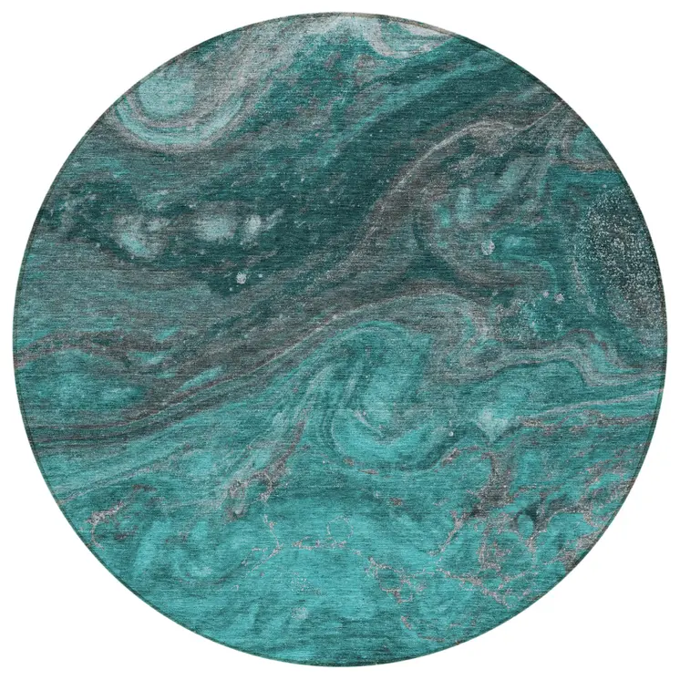 8' Teal Blue Aqua And Gray Round Abstract Washable Indoor Outdoor Area Rug