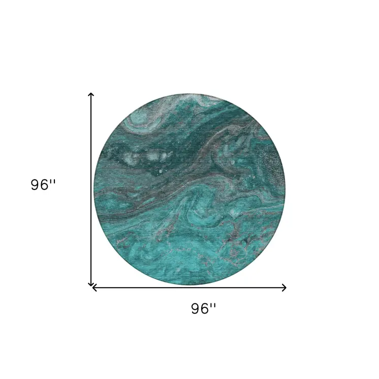 8' Teal Blue Aqua And Gray Round Abstract Washable Indoor Outdoor Area Rug
