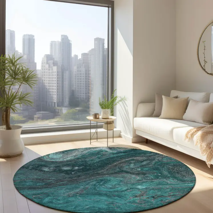 8' Teal Blue Aqua And Gray Round Abstract Washable Indoor Outdoor Area Rug