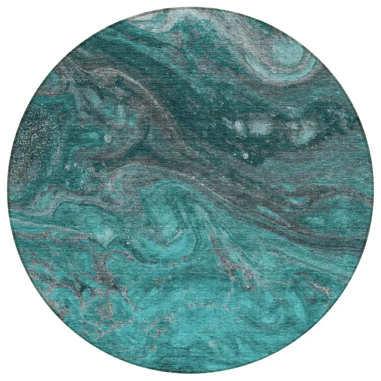 8' Teal Blue Aqua And Gray Round Abstract Washable Indoor Outdoor Area Rug