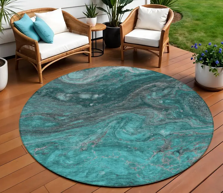 8' Teal Blue Aqua And Gray Round Abstract Washable Indoor Outdoor Area Rug