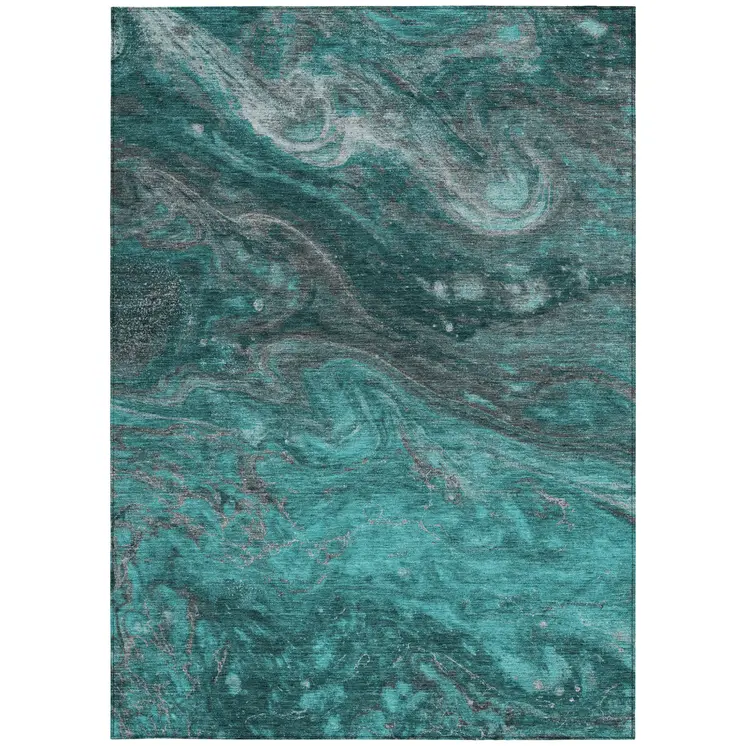 8' X 10' Teal Blue Aqua And Gray Abstract Washable Indoor Outdoor Area Rug