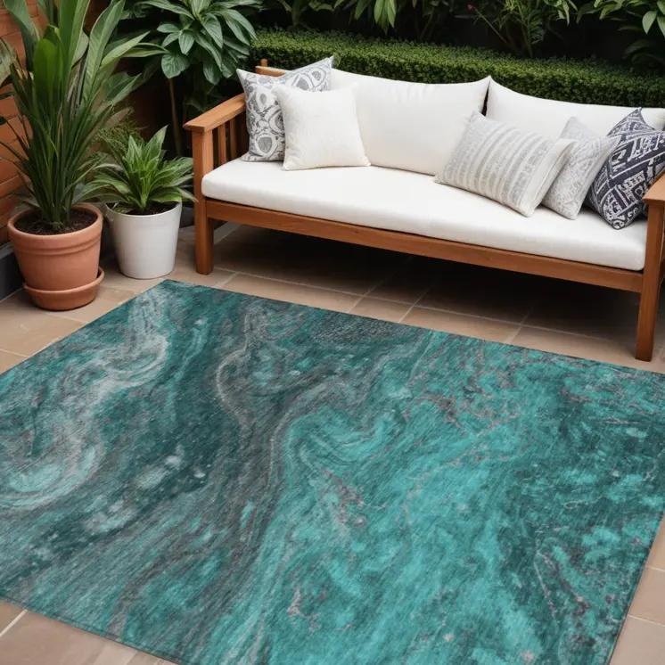 8' X 10' Teal Blue Aqua And Gray Abstract Washable Indoor Outdoor Area Rug