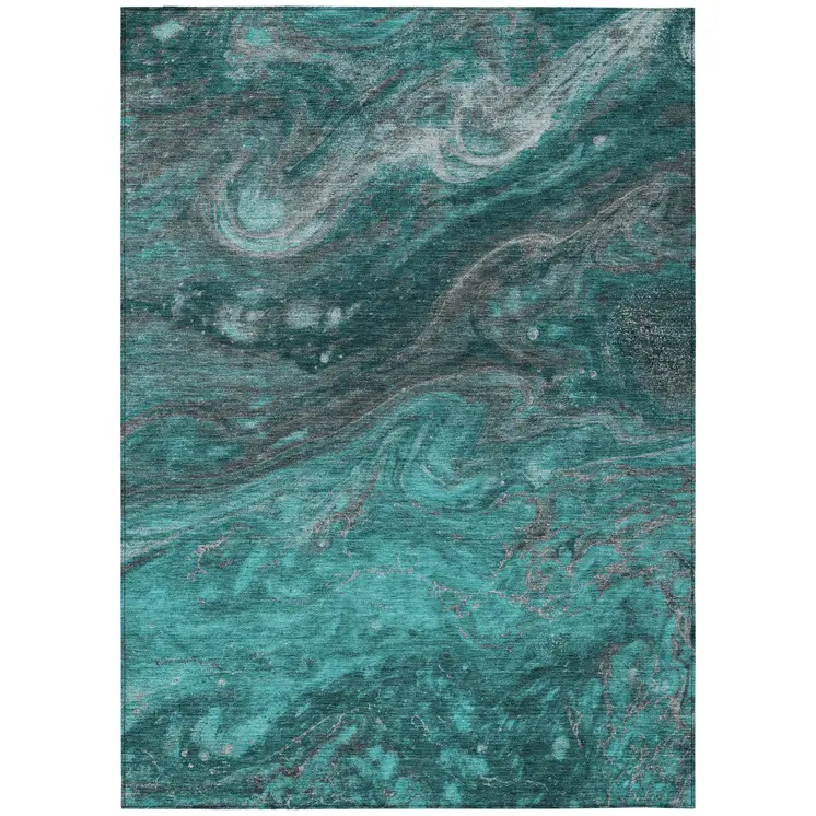 8' X 10' Teal Blue Aqua And Gray Abstract Washable Indoor Outdoor Area Rug