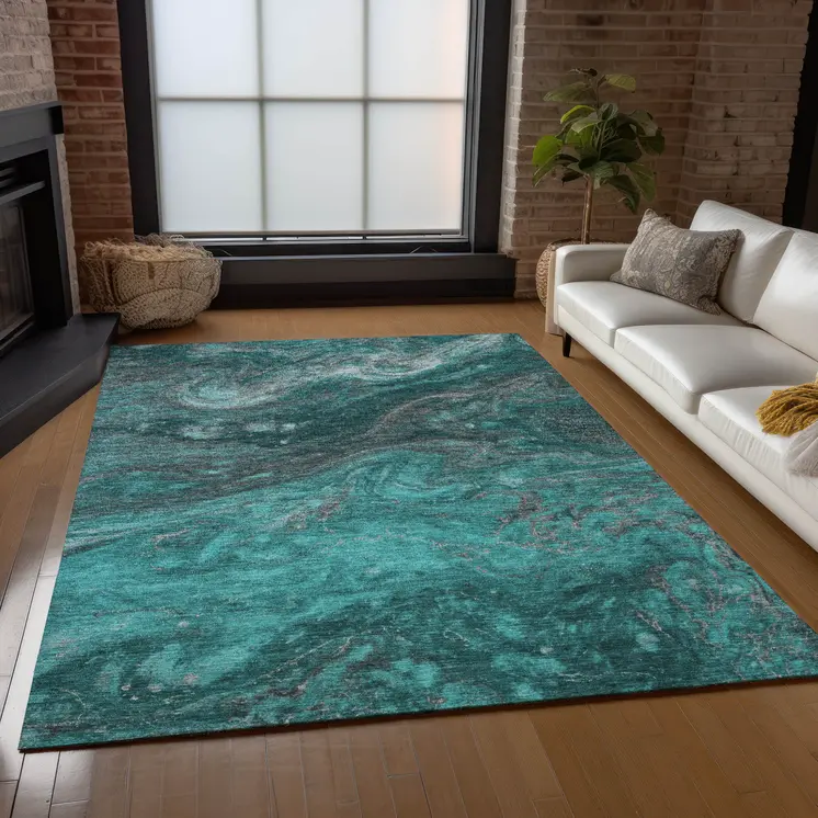 8' X 10' Teal Blue Aqua And Gray Abstract Washable Indoor Outdoor Area Rug