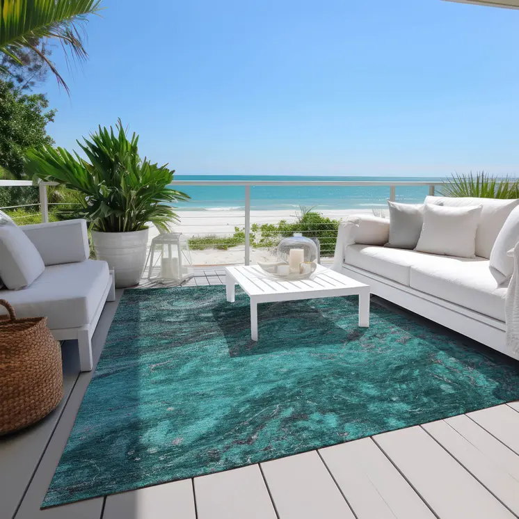 9' X 12' Teal Blue Aqua And Gray Abstract Washable Indoor Outdoor Area Rug