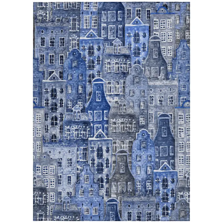 5' X 8' Navy Blue And Sky Blue Village Houses Washable Indoor Outdoor Area Rug