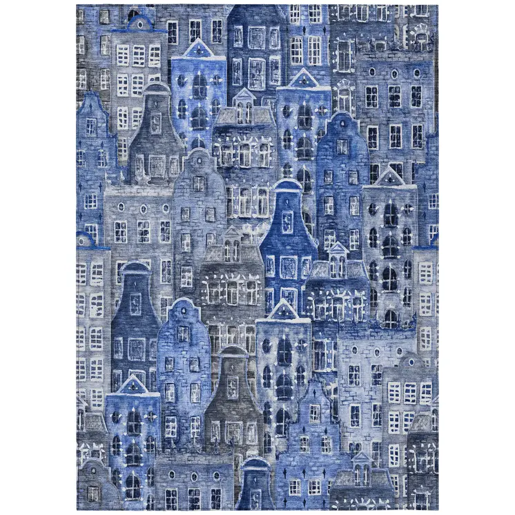 5' X 8' Navy Blue And Sky Blue Village Houses Washable Indoor Outdoor Area Rug