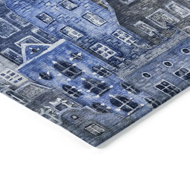 5' X 8' Navy Blue And Sky Blue Village Houses Washable Indoor Outdoor Area Rug