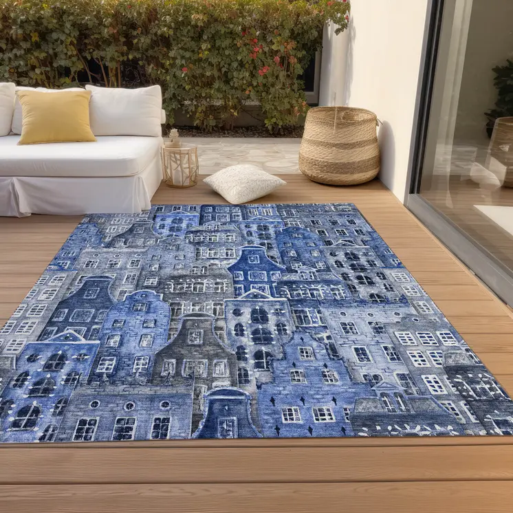 8' X 10' Navy Blue And Sky Blue Village Houses Washable Indoor Outdoor Area Rug