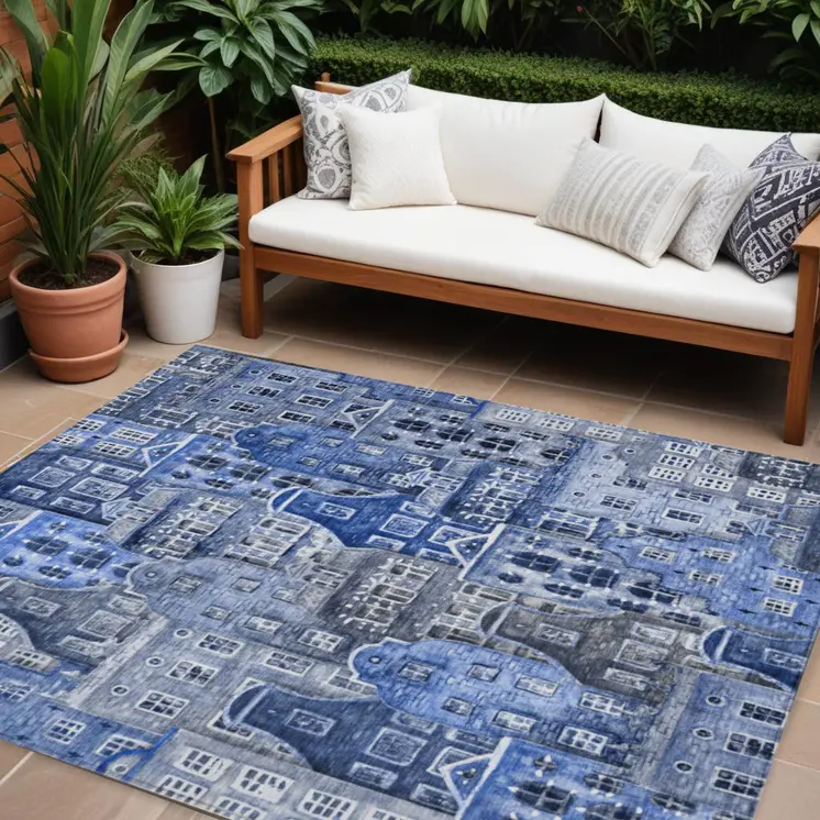 10' X 14' Navy Blue And Sky Blue Village Houses Washable Indoor Outdoor Area Rug