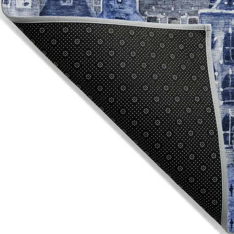 10' X 14' Navy Blue And Sky Blue Village Houses Washable Indoor Outdoor Area Rug