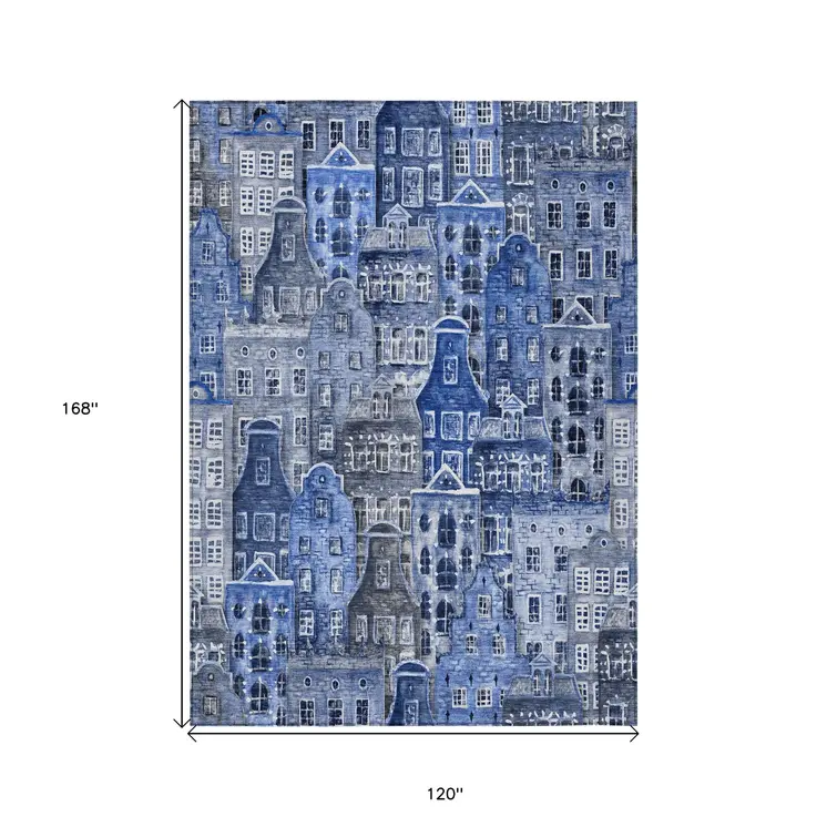 10' X 14' Navy Blue And Sky Blue Village Houses Washable Indoor Outdoor Area Rug
