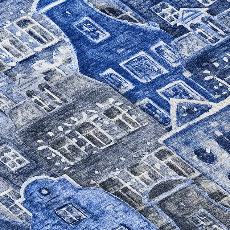 10' X 14' Navy Blue And Sky Blue Village Houses Washable Indoor Outdoor Area Rug