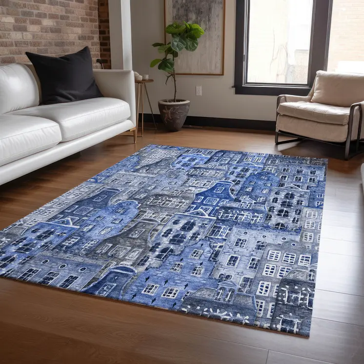 10' X 14' Navy Blue And Sky Blue Village Houses Washable Indoor Outdoor Area Rug