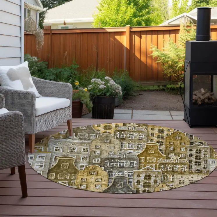 8' Brown Taupe And Gold Round Village Houses Washable Indoor Outdoor Area Rug