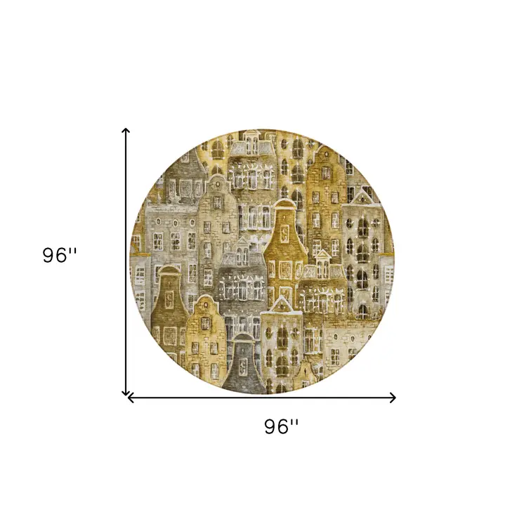 8' Brown Taupe And Gold Round Village Houses Washable Indoor Outdoor Area Rug