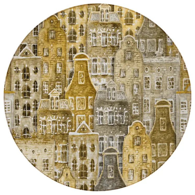 8' Brown Taupe And Gold Round Village Houses Washable Indoor Outdoor Area Rug