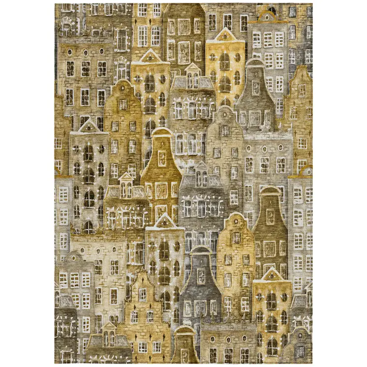 9' X 12' Brown Taupe And Gold Village Houses Washable Indoor Outdoor Area Rug